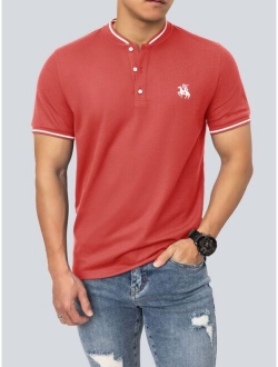 Men Figure Horse Print Striped Trim Polo Shirt