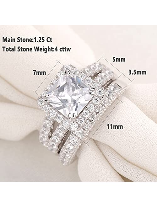 Wuziwen 4Ct Engagement Ring for Women Sterling Silver Cubic Zirconia Wedding Band Bridal Set