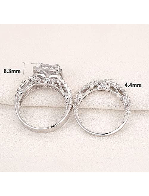 Wuziwen 4Ct Engagement Ring for Women Sterling Silver Cubic Zirconia Wedding Band Bridal Set