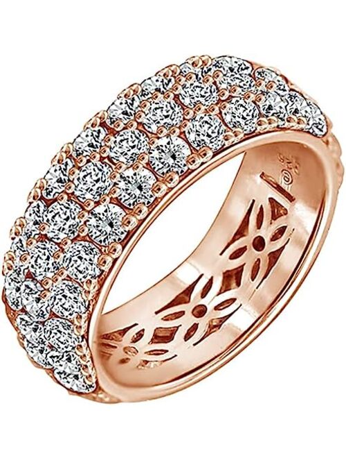 Amazon Collection Platinum or Gold Plated 3-Row Round-Cut Pave Band Ring Set with Infinite Elements Zirconia