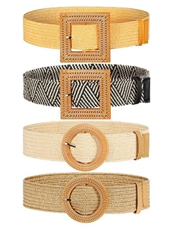 Willbond 4 Pack Straw Woven Elastic Stretch Waist Belt Women Skinny Dress Belt Wooden Buckle Waist Dress Band