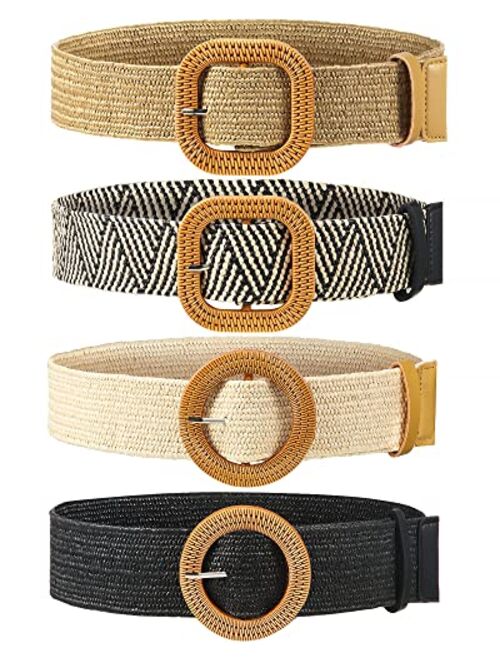 Willbond 4 Pack Straw Woven Elastic Stretch Waist Belt Women Skinny Dress Belt Wooden Buckle Waist Dress Band