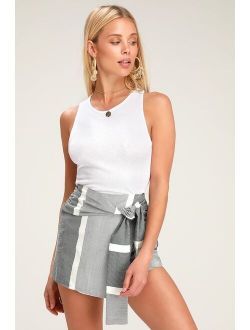 Adieu White and Grey Striped Tie-Front Skort