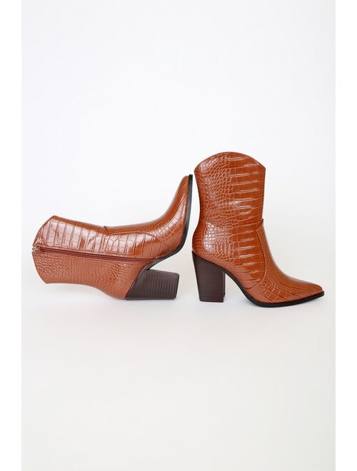 Lulus Eleora Brown Crocodile-Embossed Mid-Calf High Heel Boots