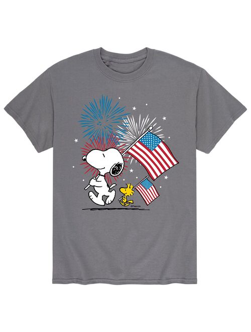 Men's Peanuts Snoopy & Woodstock Flags Fireworks Tee