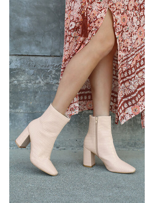 Lulus My Generation Pale Pink Crocodile High Heel Mid-Calf Boots