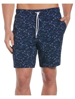 Men's Stretch Tropical Leaf Toucan-Print 7" Swim Trunks