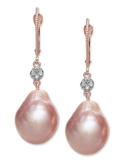 MACY'S Cultured Pink Baroque Freshwater Pearl (12mm) & Diamond (1/20 ct. t.w.) Drop Earrings in 14k Rose Gold