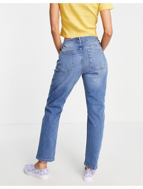 Miss Selfridge low rise straight leg jeans in mid blue wash