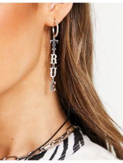 true love text drop earrings in silver