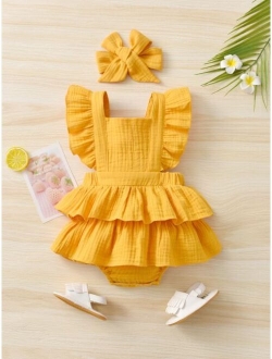 Baby Square Neck Layered Ruffle Combo Bodysuit Dress & Headband