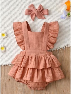 Baby Square Neck Layered Ruffle Combo Bodysuit Dress & Headband