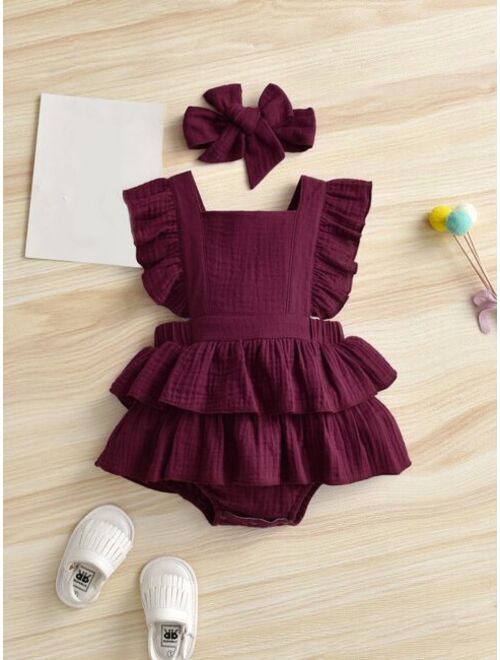 Shein Baby Square Neck Layered Ruffle Combo Bodysuit Dress & Headband