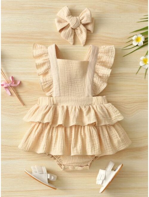 Shein Baby Square Neck Layered Ruffle Combo Bodysuit Dress & Headband