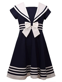 Big Girls Striped Dress with Open Bow Back and Pinafore Ruffles