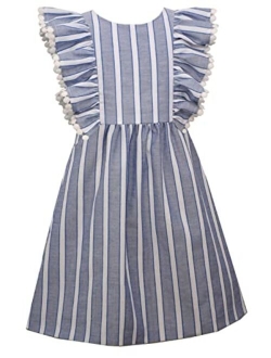 Big Girls Striped Dress with Open Bow Back and Pinafore Ruffles