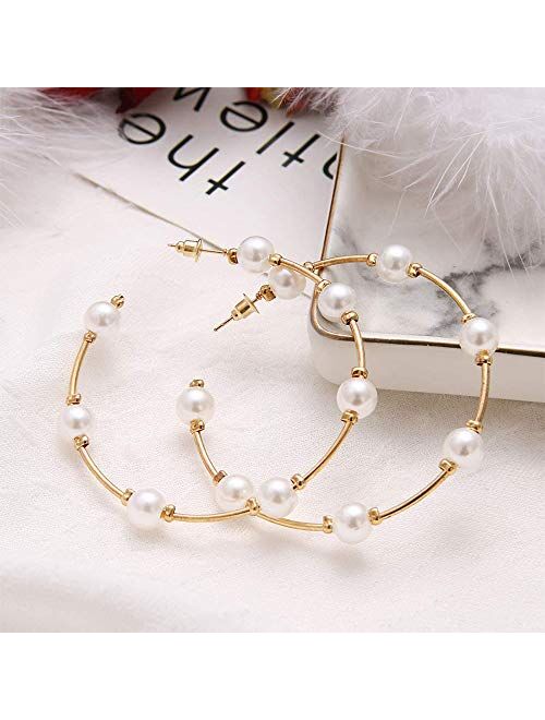 Xmithjls Pearl Hoop Earrings for Women Fashion Hypoallergenic Girls Pearl Earrings Drop Dangle Earrings Jewelry Gifts (A)