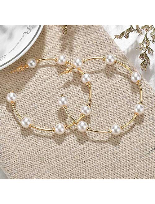 Xmithjls Pearl Hoop Earrings for Women Fashion Hypoallergenic Girls Pearl Earrings Drop Dangle Earrings Jewelry Gifts (A)