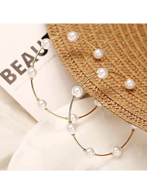 Xmithjls Pearl Hoop Earrings for Women Fashion Hypoallergenic Girls Pearl Earrings Drop Dangle Earrings Jewelry Gifts (A)