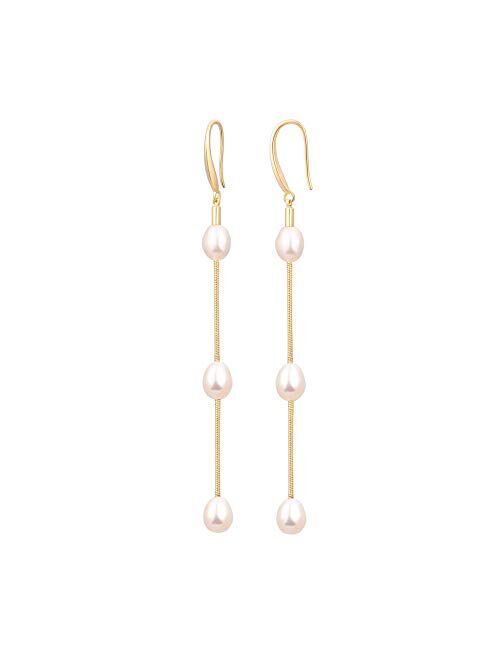 Potessa 18K Gold Long Pearl Earrings Baroque Drop Dangle Earrings for Women Statement Snake Chain Dainty Adjustable Stud Jewelry for Wedding