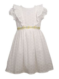 Toddler Girls Short Sleeved Pinafore Eyelet Dress with Jacquard Ribbon Trim