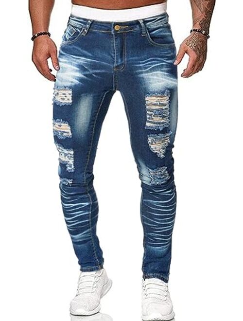 HUNGSON Men's Skinny Slim Fit Ripped Distressed Stretch Jeans Pants