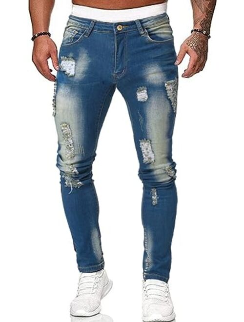 HUNGSON Men's Skinny Slim Fit Ripped Distressed Stretch Jeans Pants