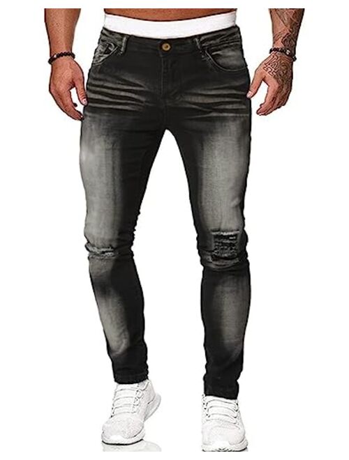 HUNGSON Men's Skinny Slim Fit Ripped Distressed Stretch Jeans Pants