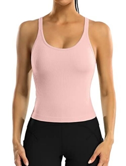 ATTRACO Women Ribbed Workout Crop Tops with Built in Bra Yoga Racerback Tank Top Tight Fit