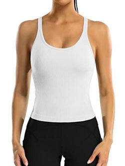 ATTRACO Women Ribbed Workout Crop Tops with Built in Bra Yoga Racerback Tank Top Tight Fit