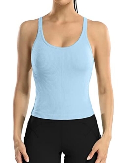 ATTRACO Women Ribbed Workout Crop Tops with Built in Bra Yoga Racerback Tank Top Tight Fit