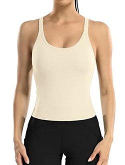 ATTRACO Women Ribbed Workout Crop Tops with Built in Bra Yoga Racerback Tank Top Tight Fit