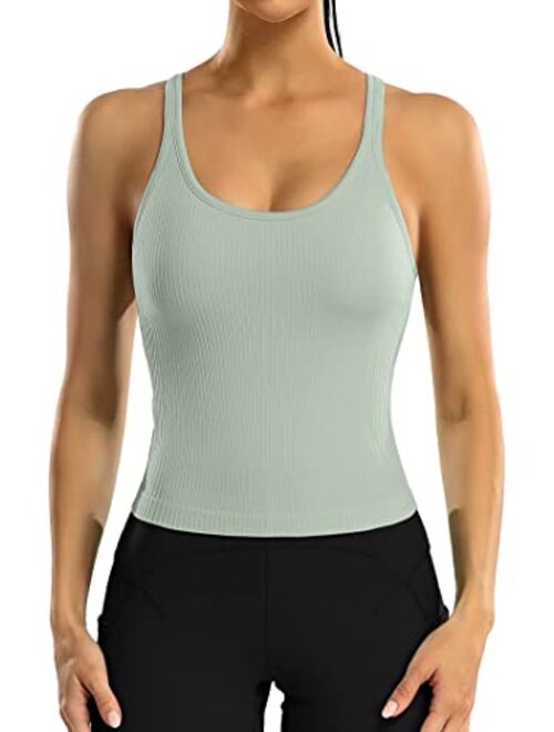 ATTRACO Women Ribbed Workout Crop Tops with Built in Bra Yoga Racerback Tank Top Tight Fit