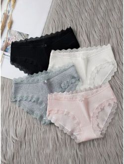 Girls 4pcs Contrast Lace Brief