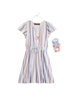 Girls 7-16  Printed Dress, Scrunchies, & Necklace Set in Regular & Plus