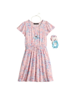 Girls 7-16  Printed Dress, Scrunchies, & Necklace Set in Regular & Plus