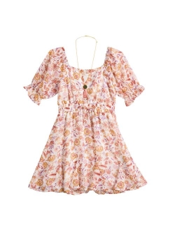 Girls 7-16 Three Pink Hearts Printed Chiffon Dress & Necklace Set in Regular & Plus