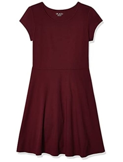 Girls' Big Short Sleeve Solid Knit Pleat Dress