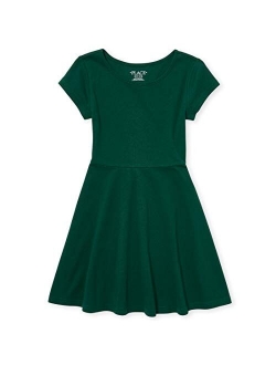 Girls' Big Short Sleeve Solid Knit Pleat Dress