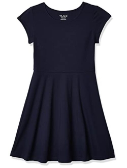 Girls' Big Short Sleeve Solid Knit Pleat Dress