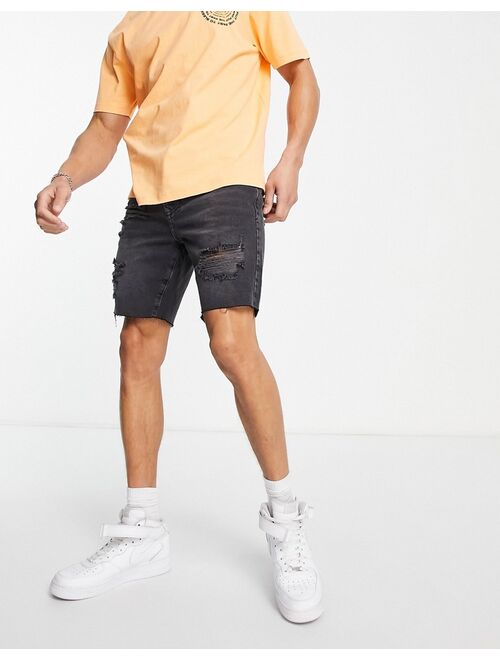 Topman ripped slim denim shorts in washed black