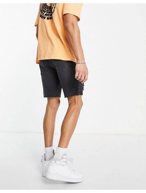 Topman ripped slim denim shorts in washed black