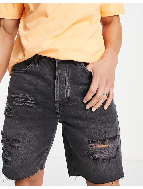 Topman ripped slim denim shorts in washed black