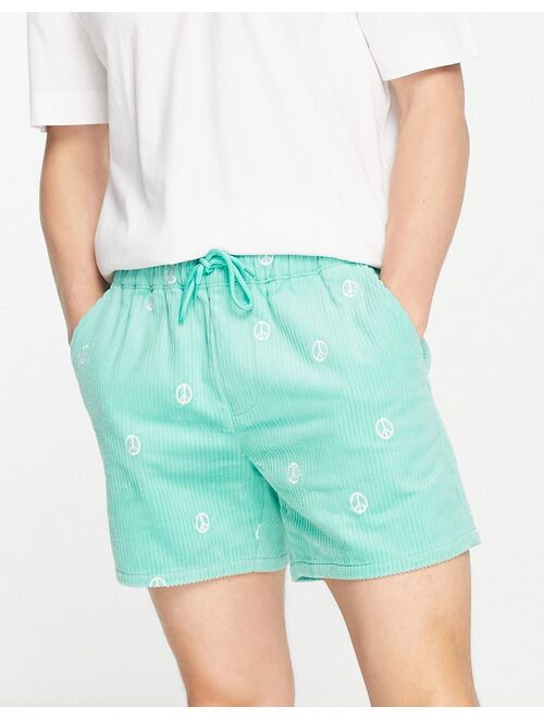 ASOS DESIGN slim shorts with peace embroidery in mint cord