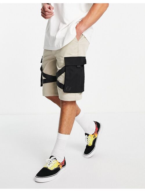 Topman mid slim cross webbing cargo shorts in stone