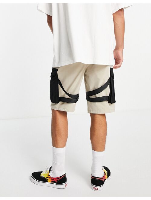 Topman mid slim cross webbing cargo shorts in stone