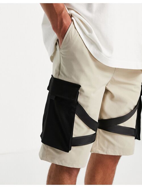 Topman mid slim cross webbing cargo shorts in stone