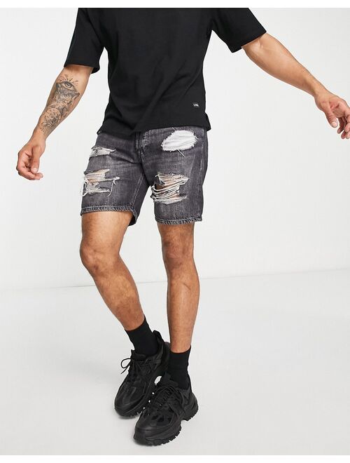 Jack & Jones loose fit denim shorts with abrasions in washed black