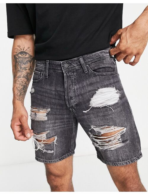 Jack & Jones loose fit denim shorts with abrasions in washed black