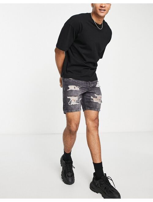 Jack & Jones loose fit denim shorts with abrasions in washed black